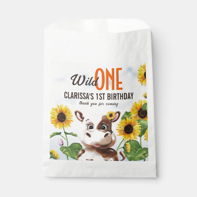 Brown Cow Sunflower Girl First Birthday Favour Bag (Front)