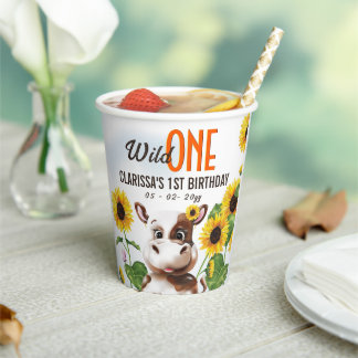 Brown Cow Sunflower Girl First Birthday Paper Cups
