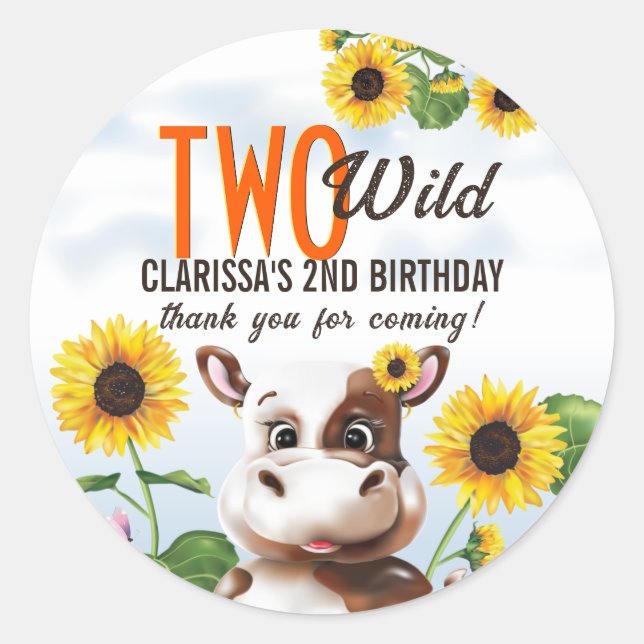 Brown Cow Sunflower Girl Second Birthday Classic Round Sticker (Front)