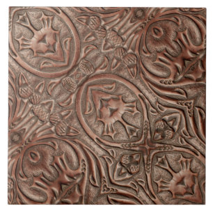 Brown Cowboy Rustic Western Country Leather Print Tile
