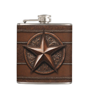 Brown Cowboy Rustic Western Country Texas Star Hip Flask