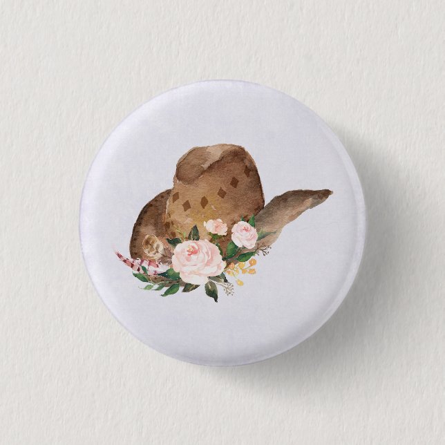 Brown Cowgirl Hat with Pink Flowers 1 Inch Round Button (Front)