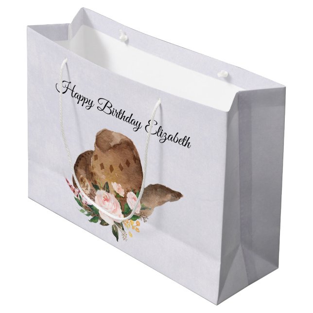 Brown Cowgirl Hat with Pink Flowers Birthday Large Gift Bag (Front Angled)