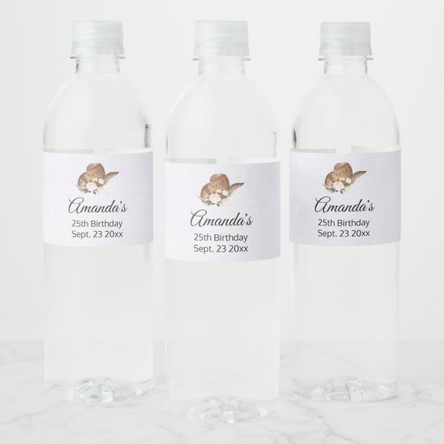 Brown Cowgirl Hat with Pink Flowers Birthday Water Bottle Label (Bottles)
