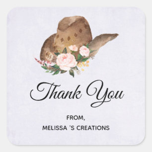 Brown Cowgirl Hat with Pink Flowers Business Square Sticker