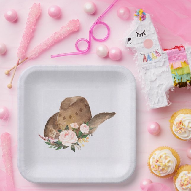 Brown Cowgirl Hat with Pink Flowers Paper Plate (Party)