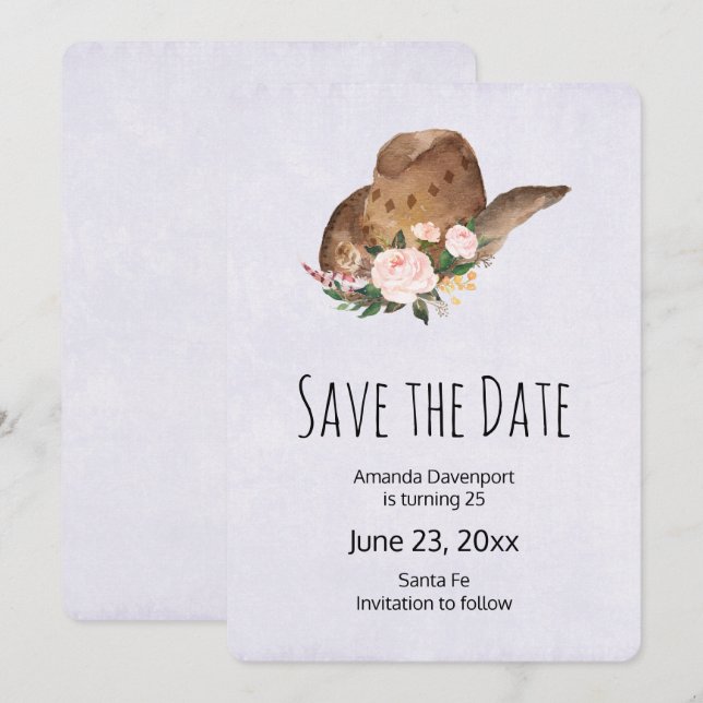 Brown Cowgirl Hat with Pink Flowers Save The Date (Front/Back)