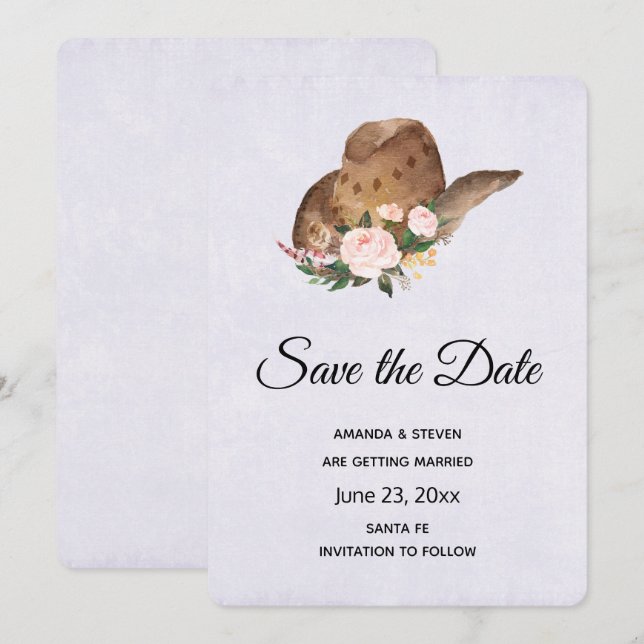 Brown Cowgirl Hat with Pink Flowers Save The Date (Front/Back)
