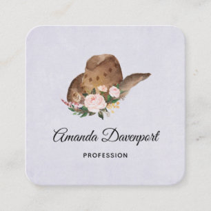 Brown Cowgirl Hat with Pink Flowers Square Business Card
