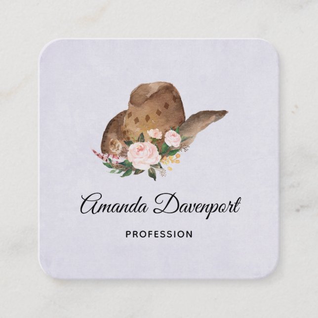 Brown Cowgirl Hat with Pink Flowers Square Business Card (Front)