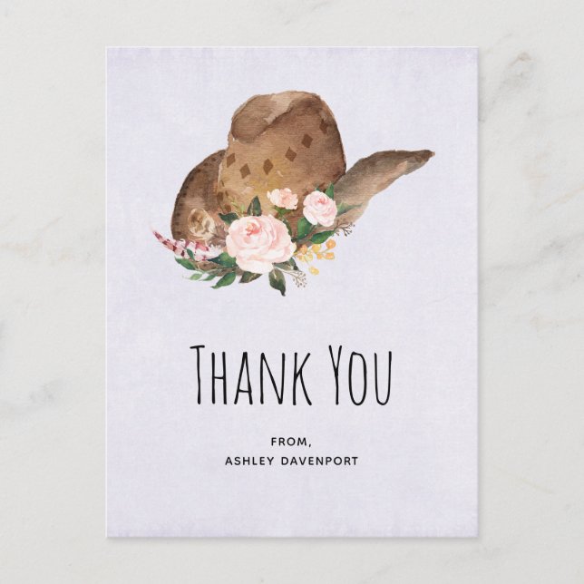 Brown Cowgirl Hat with Pink Flowers Thank You Postcard (Front)