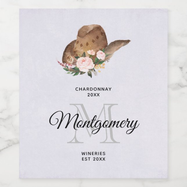 Brown Cowgirl Hat with Pink Flowers Wine Making Wine Label (Single Label)