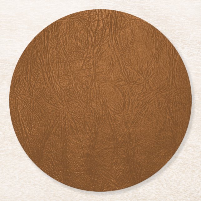 Brown Cowhide Leather Texture Look Round Paper Coaster (Front)
