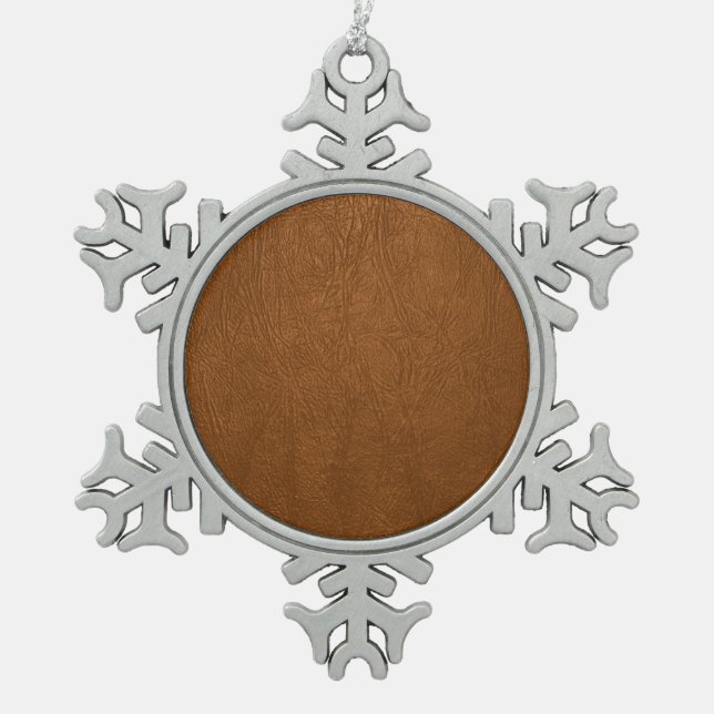 Brown Cowhide Leather Texture Look Snowflake Pewter Christmas Ornament (Front)