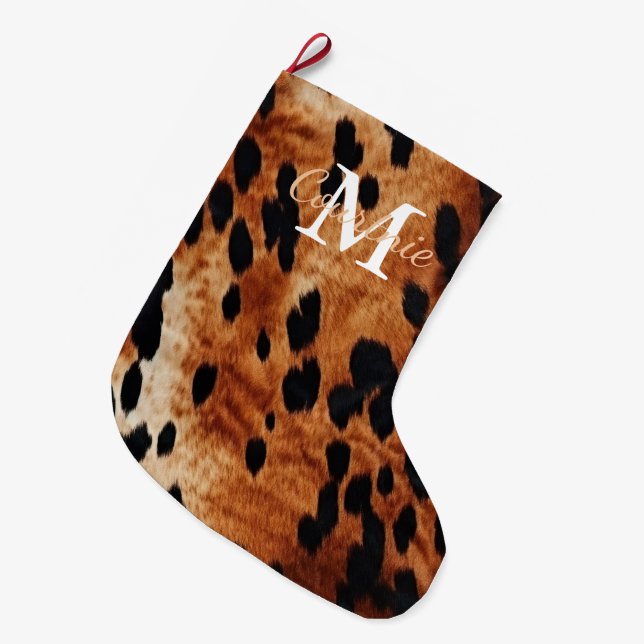 Brown Cowhide Monogram Large Christmas Stocking (Front (Hanging))