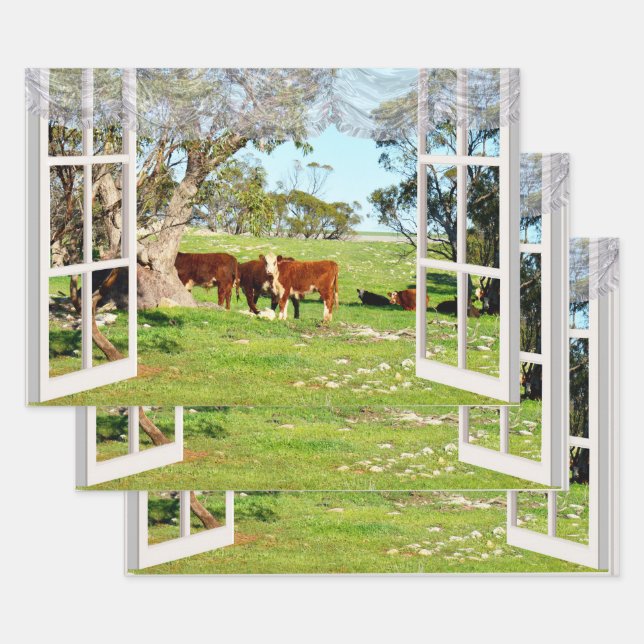Brown Cows In My Window,   Wrapping Paper Sheet (Set)