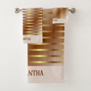 Brown Cream And Gold Stripes Name Bath Towel