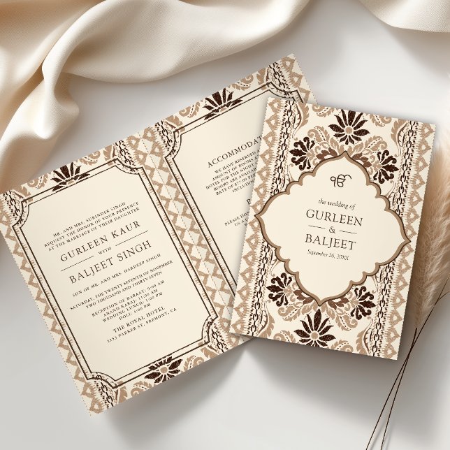 Brown Cream Beige Ikat All in One Sikh Wedding Invitation (Creator Uploaded)