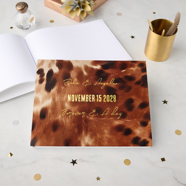 Brown Cream Black Cowhide Wedding Guest Book (Front Open)
