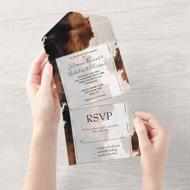 Brown Cream Black Southwest Cowboy Cowgirl Cowhide All In One Invitation (Tearaway)