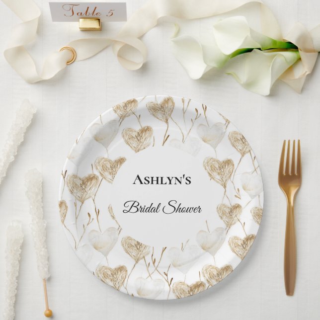 Brown Cream Boho Hearts Bridal Shower Paper Plate (Wedding)