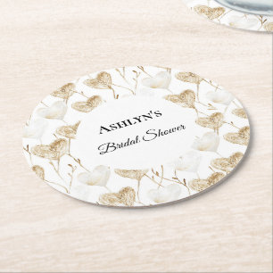 Brown Cream Boho Hearts Bridal Shower Round Paper Coaster