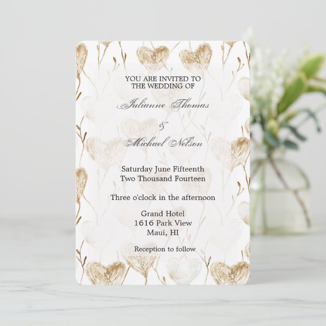 Brown Cream Boho Hearts Wedding Invitation (Standing Front)