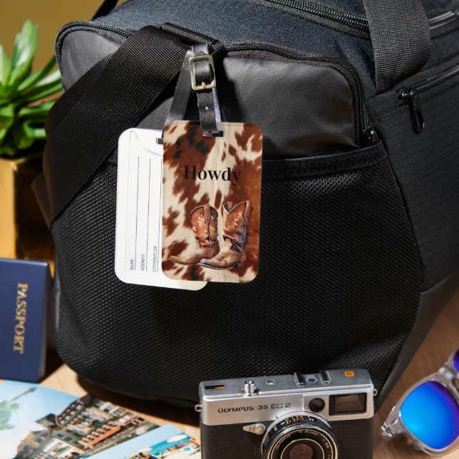 Brown Cream Cowhide Cowboy Boots Luggage Tag (Front & Back)