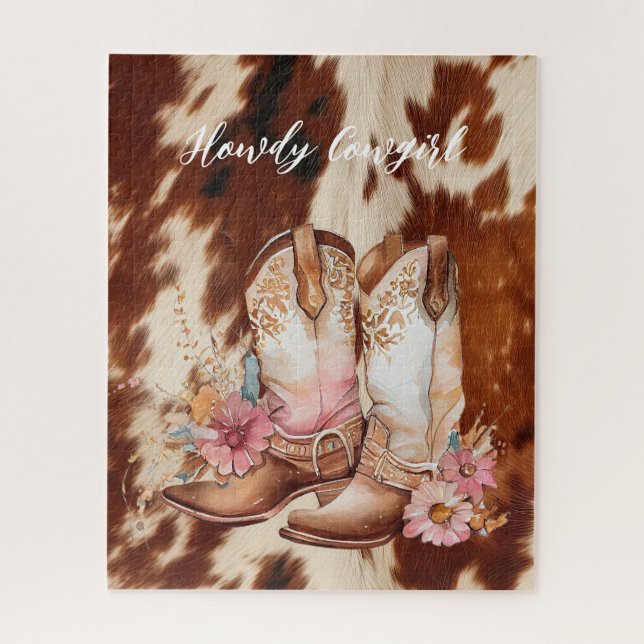 Brown Cream Cowhide Cowgirl Floral Boots Jigsaw Puzzle (Vertical)