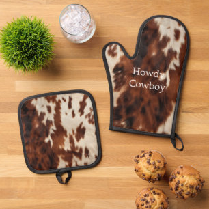 Brown Cream Cowhide Oven Mitt & Pot Holder Set