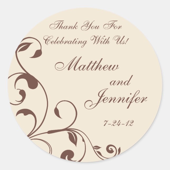 Brown & Cream Floral Curls Wedding Favour Labels (Front)