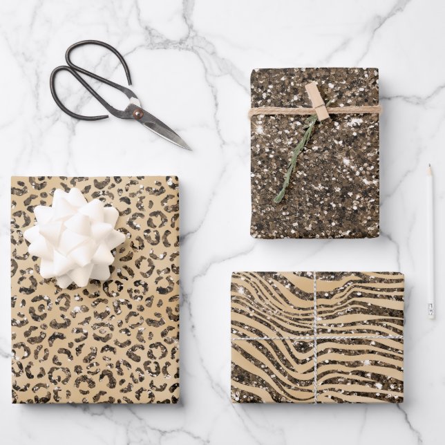 Brown Cream Glitter Leopard Print     Wrapping Paper Sheet (Front)