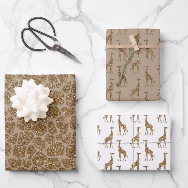 Brown Cream Gold Giraffe Print Glitter      Wrapping Paper Sheet (Front)