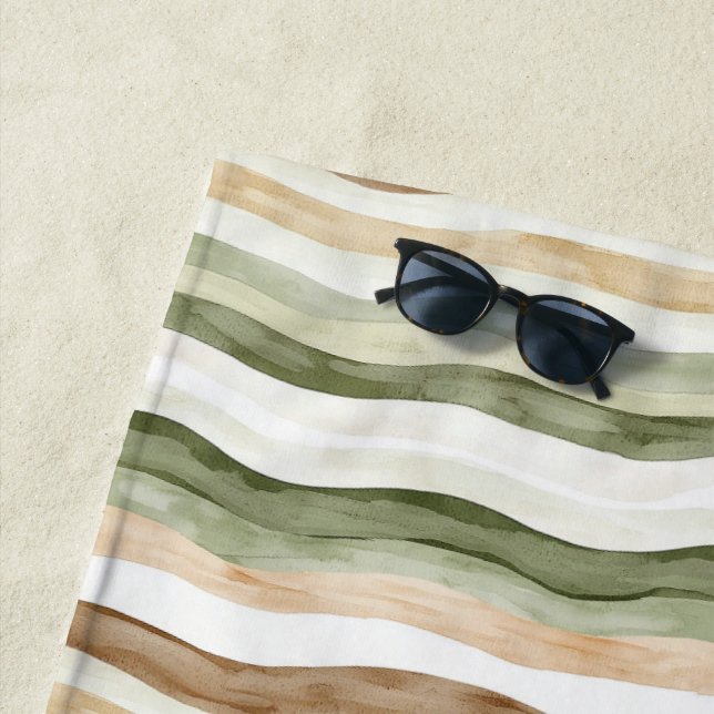 Brown Cream Green Stripes Beach Towel (In Situ)