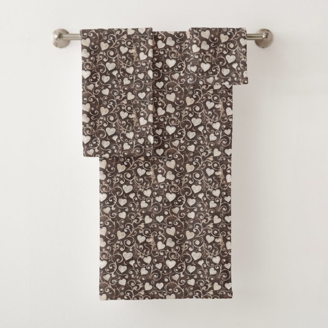 Brown Cream Hearts Bath Towel Set (Insitu)