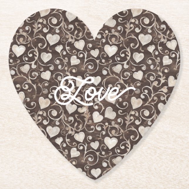 Brown Cream Hearts Paper Coaster (Front)