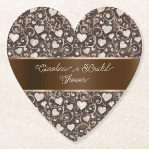 Brown Cream Hearts Ribbon Bridal Shower Paper Coaster