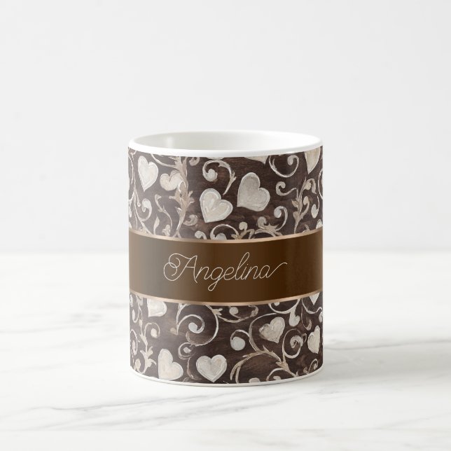 Brown Cream Hearts Ribbon   Coffee Mug (Center)