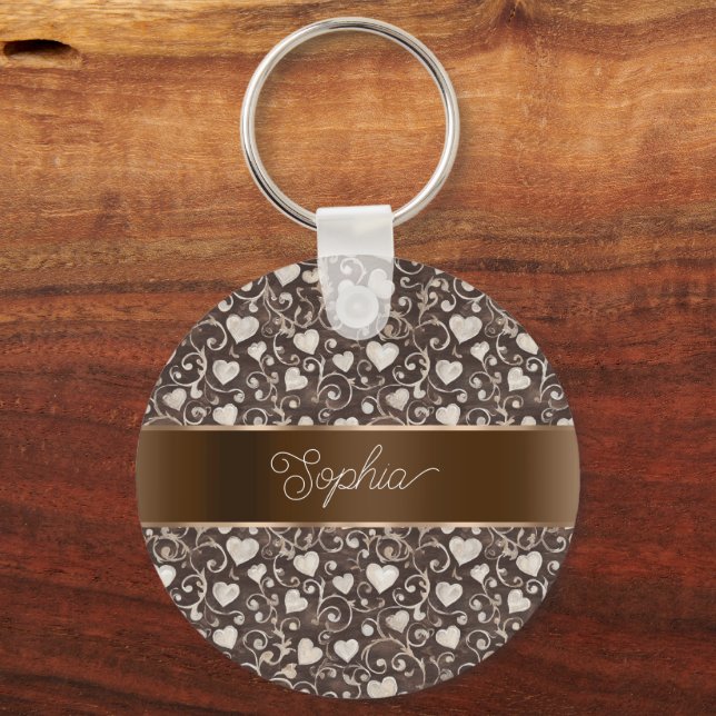 Brown Cream Hearts Ribbon   Keychain (Front)