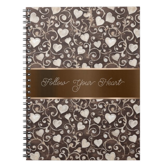 Brown Cream Hearts Ribbon   Notebook (Front)