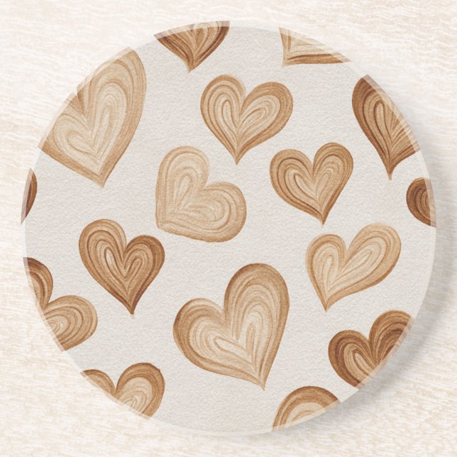 Brown Cream Hearts Stripes Coaster (Front)
