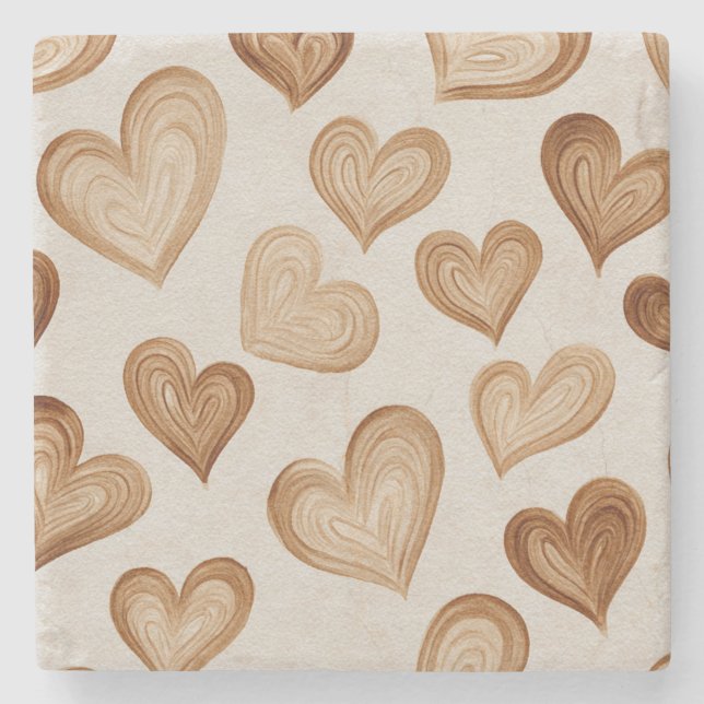 Brown Cream Hearts Stripes Stone Coaster (Front)