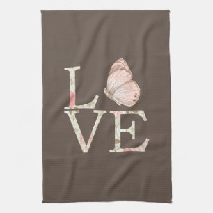 Brown Cream Pink Love Butterfly Floral Kitchen Towel