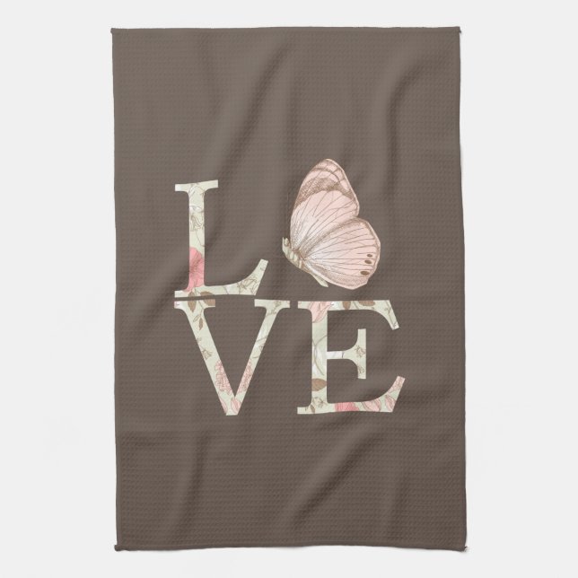 Brown Cream Pink Love Butterfly Floral Kitchen Towel (Vertical)