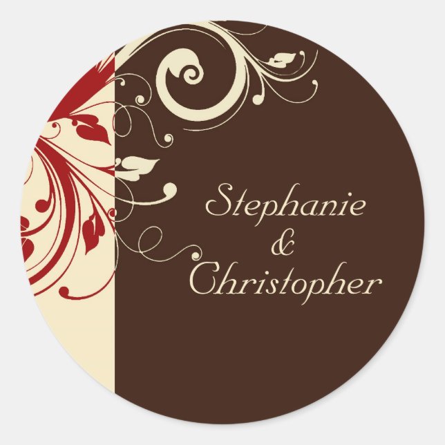 Brown/Cream/Red Reverse Swirl Classic Round Sticker (Front)
