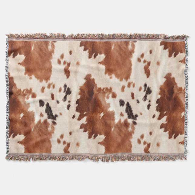 Brown Cream Southwest Cowhide Christmas Throw Blanket (Front)