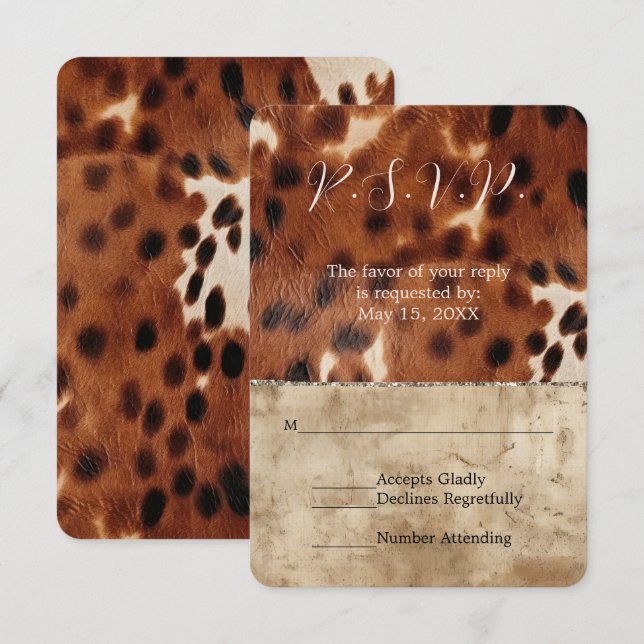 Brown Cream Southwest Cowhide Wedding RSVP (Front/Back)