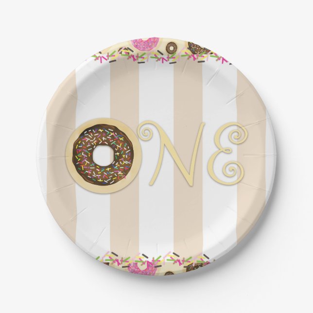 Brown Cream Sprinkle Doughnuts ONE 1ST Birthday Pa Paper Plate (Front)