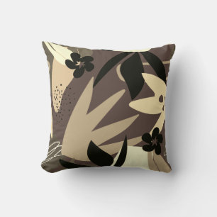 Brown Cream Tan & Black Artistic Abstract Leaves Throw Pillow