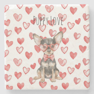 Brown Cream Toy Terrier Dog Red Hearts Glasses Stone Coaster